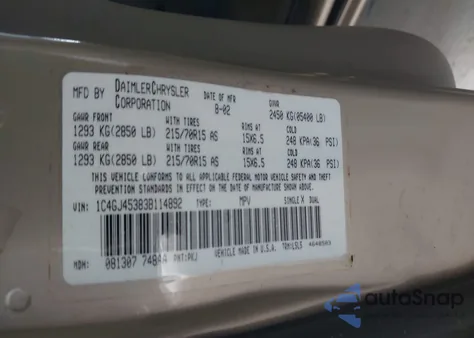 2003 Chrysler Voyager Lx from USA, damaged, VIN 1C4GJ45383B114892